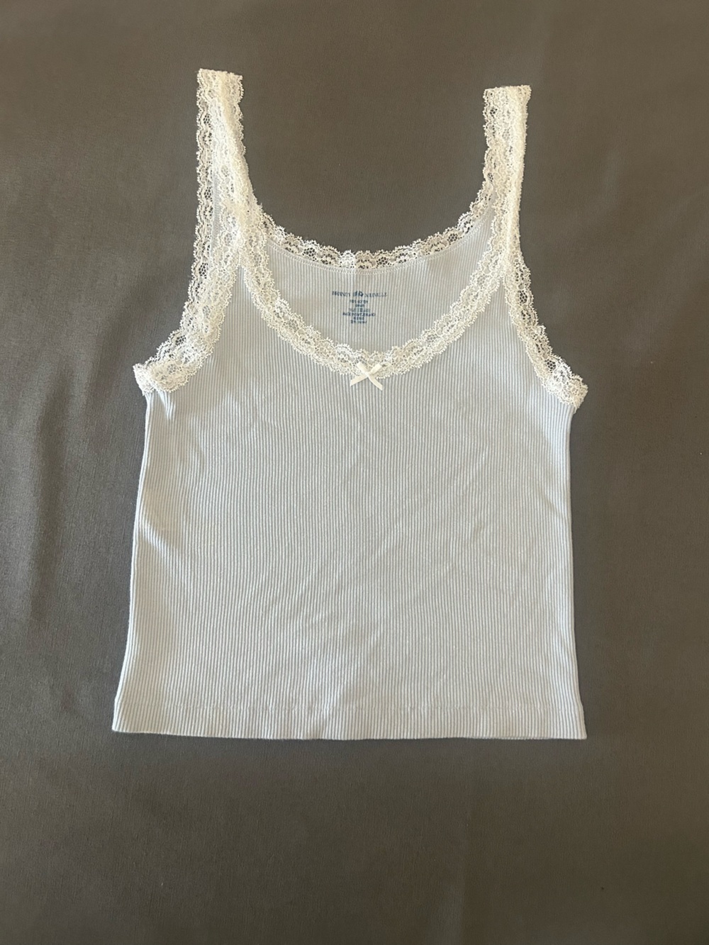 Brandy Melville Light Blue with White Lace-Trim Ribbed Tank Top